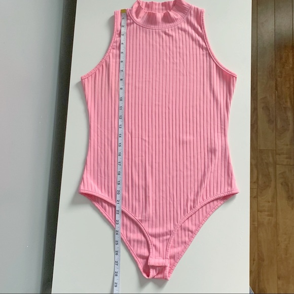 Bright Pink Ribbed Mock Neck Bodysuit with snap closure - Picture 5 of 5